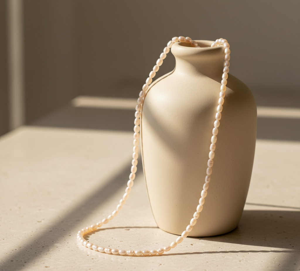 Bild von einer weißen Perlenketten und einer Vase