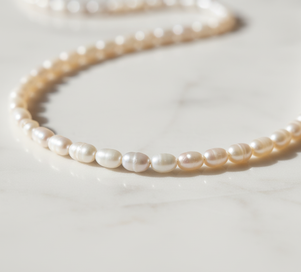 Nahaufnahme von einer weißen Perlenkette